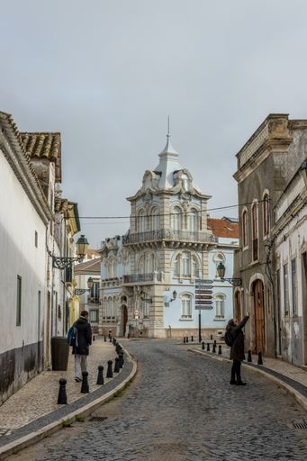 The old buildings of Faro center during a rainy day in Portugal