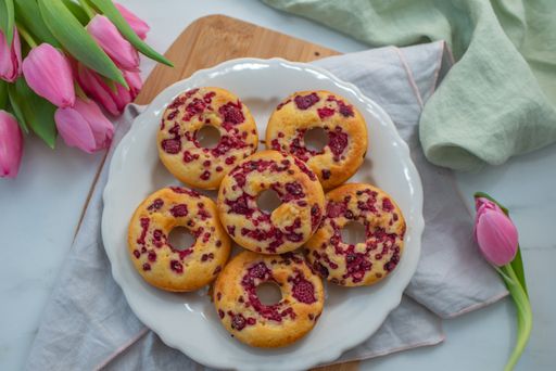 A closeup shot of raspberry donuts