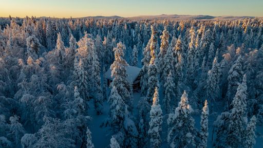 Aerial drone view of a cottage in snow covered, winter, sunset forest of Lapland