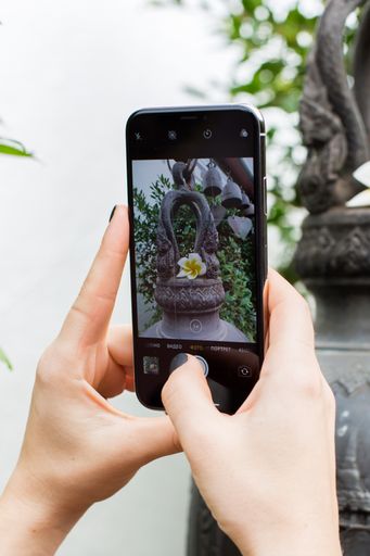 A vertical selective closeup shot of a person taking a picture with phone of a white flower on a stone sculpture