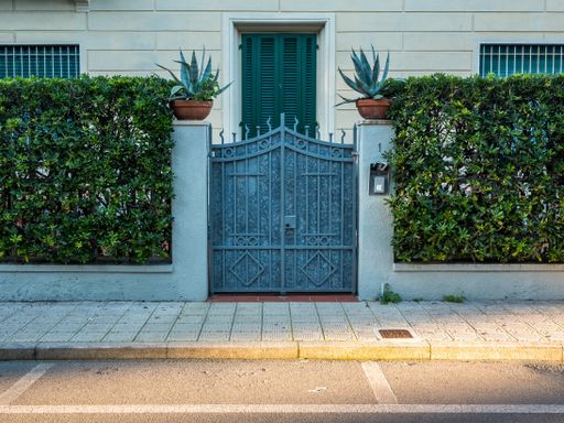 A closed gate and a road lit by the sun