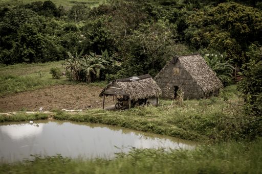 A high angle shot of a small house near a lake in the forest
