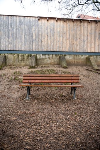 the vertical shot of a park wooden bench