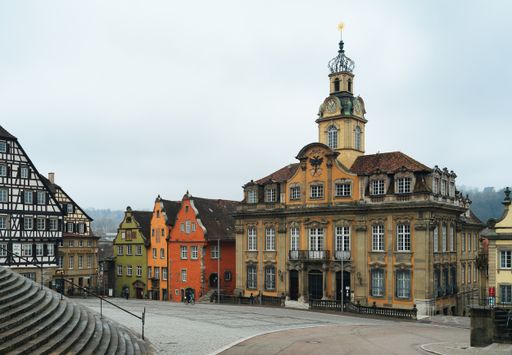 The facade of the town hall and colorful buildings of Schwabisch Hall