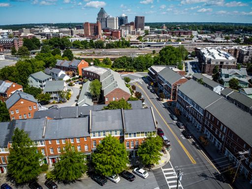 An aerial shot of breathtaking Greensboro skyline from Southside