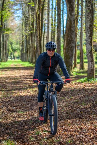 A shot of a man cycling on a beautiful road with giant trees on both sides