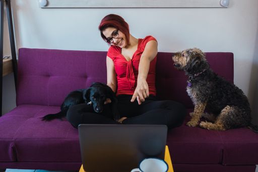 A closeup shot of a middle-aged female sitting with her dog and working in front of the laptop