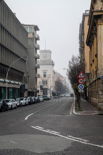 A closeup of terni street of Cesare Battisti and the chamber of commerce with fog