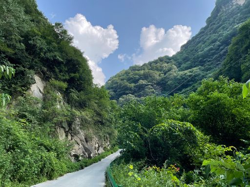 A narrow road surrounded by mountains covered in greenery under a blue cloudy sky