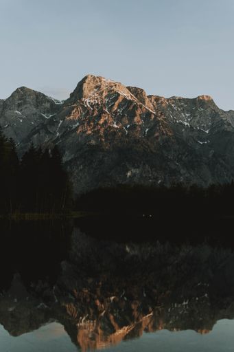 A vertical shot of a lake surrounded by mountains with trees reflecting on the water at daytime