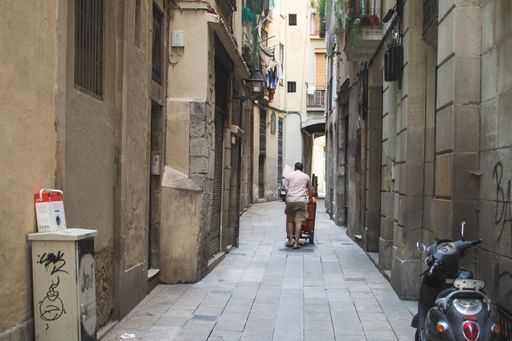 the beggar who carries the junk cart is on his back and is not recognized