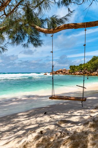 Empty swing hanging from tree on paradise beach with Idyllic turquoise water with splashing waves on La Digue island on Seychelles.