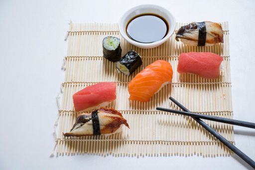 The Nigiri sushi set of salmon, tuna and shrimp
