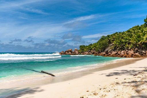 Empty paradise beach on tropical island. Famous tourist and travel destination on La Digue on Seychelles islands.
