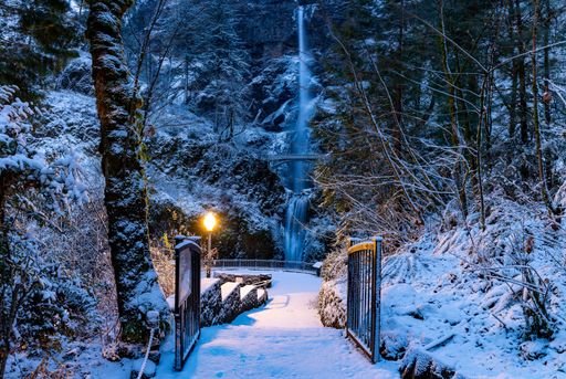 A beautiful view of a bridge leading to Multnomah Falls