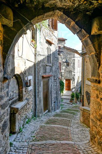 A vertical shot of houses and narrow streets in a small town