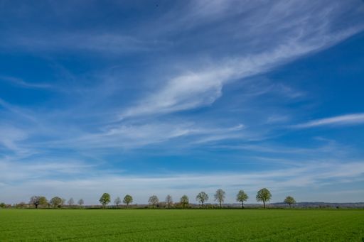 A cloudy blue sky over a green landscape field