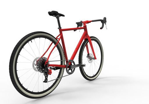 A 3D rendering of a modern high speed red sports race bicycle with technical and mechanical details