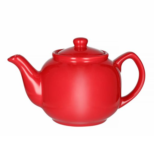 A close-up shot of a red teapot isolated on a white background