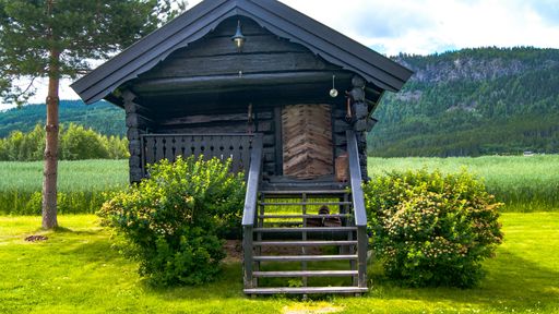 A view of a rural building in a green field with forests in the background