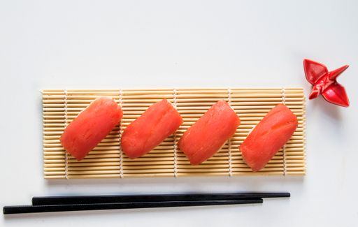 A top view of Japanese food Nigiri sushi set on a white background