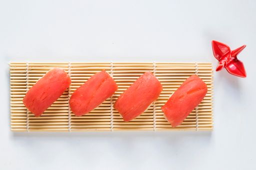A top view of Japanese food Nigiri sushi set on a white background