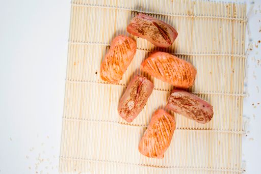 A top view of Japanese food Nigiri sushi set on a white background