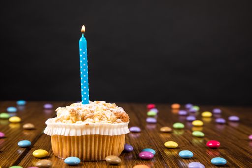 A close-up shot of a muffin with a burning candle with a copy space.