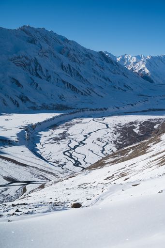 A vertical shot of Spiti Valley, Kaza in winter