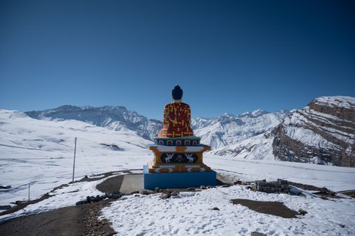 A horizontal shot of Buddha statue in Langza village. Spiti Valley in winter