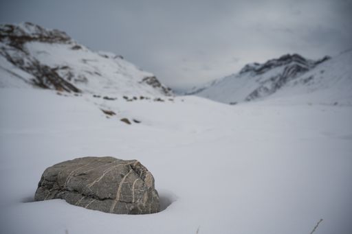 A horizontal shot of Spiti Valley, Kaza in winter
