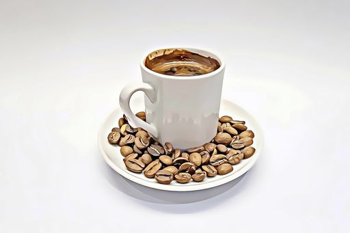 A cup of coffee with roasted coffee beans on a white background