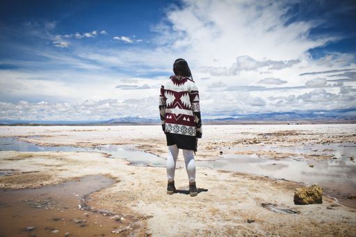 A back view of a girl standing outdoors under the blue sky with fluffy clouds