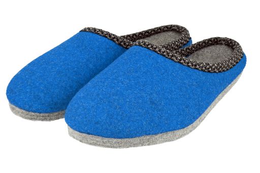 A closeup of a pair of blue and gray felted wool slippers