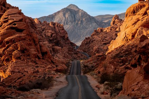 A landscape of a road through the Valley of Fire National Park, Nevada, California