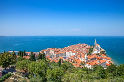 A high angle view of the town Piran, Slovenia on the body of the Mediterranean
