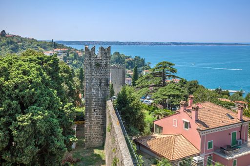 A high angle view of the town Piran, Slovenia on the body of the Mediterranean