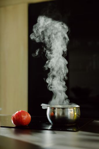 A vertical shot of the tomato near the saucepan on an electric stove with the steam coming out from it