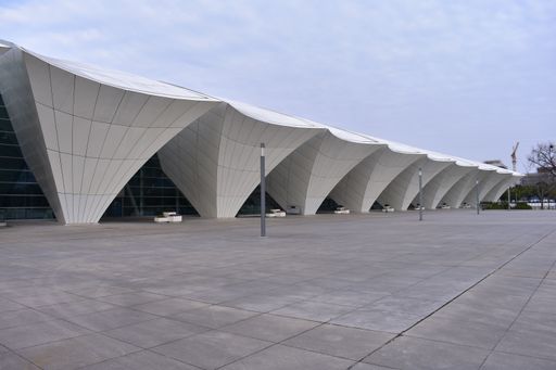 The exterior view of an oriental sports center in Shanghai city, China on a cloudy day