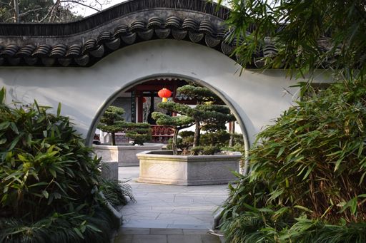 A view of the gate of a traditional Chinese garden on a sunny day