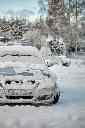 A vertical shot of a parked car covered with snow on a cold winter day