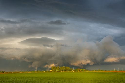 The stormy clouds over green meadow with trees