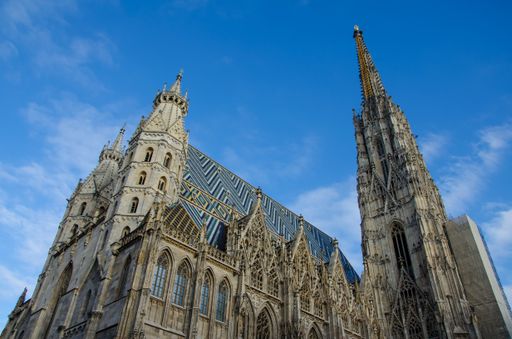 The low angle view of St. Stephen's Cathedral, Vienna under the blue clear sky