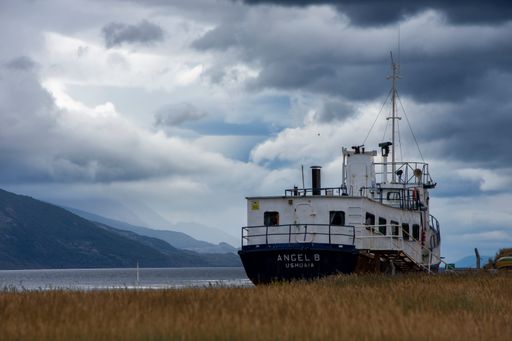 A large vessel sits atop a grassy field, overlooking a tranquil body of water