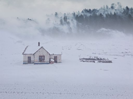 A small house on a fir forest background coverd with snow on a coldd winter day