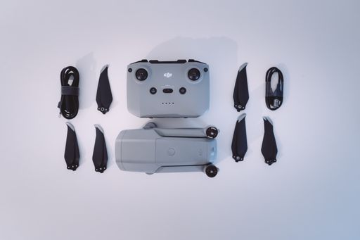 The brand new DJI MAVIC AIR 2 drone Drone. Fans love the latest model of the aircraft manufacturer. Flatlay photo of drone parts