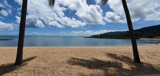 A panoramic shot of a tropical beach under the cloudy skies