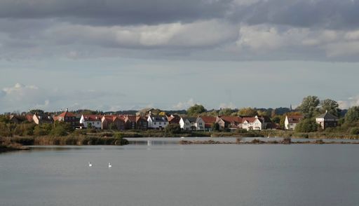 A panoramic view of a modern housing development on the waterfront at Heybridge, Essex, UK