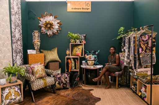 A closeup shot of items on display at exhibitor stands at the hand-made design fair