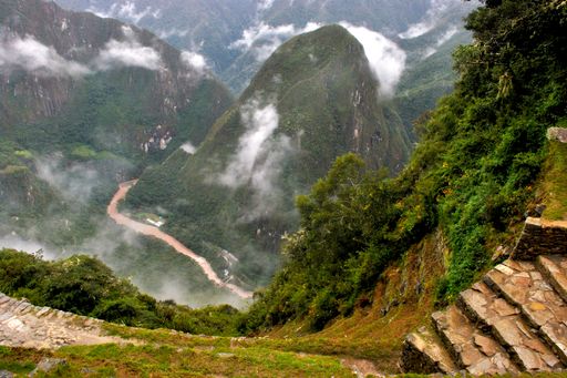 scenic view with green mountains and terraces in Machu Picchu, Peru